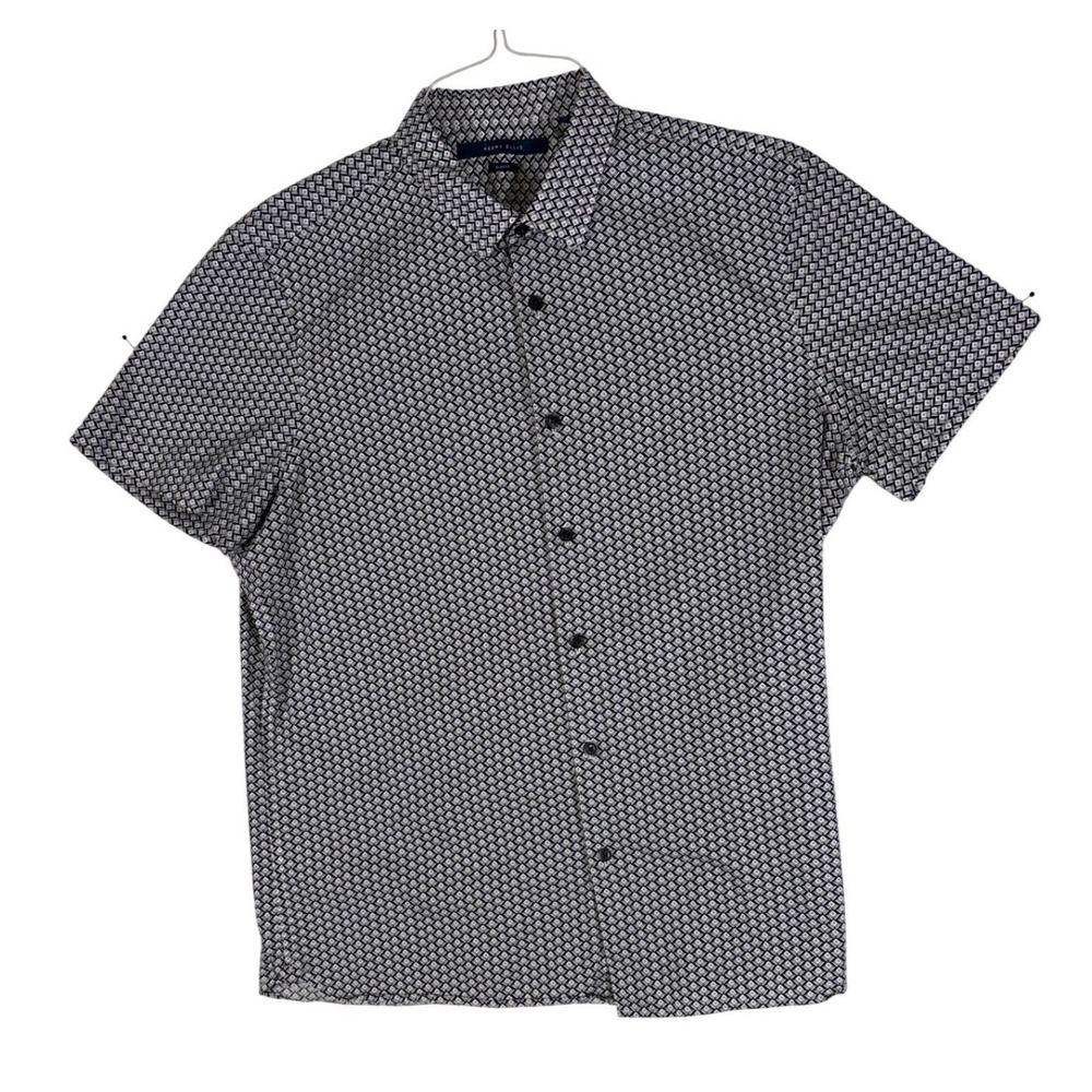 Perry Ellis Mens Slim Fit Short Sleeve Button  Shirt Geometric Diamond Black L